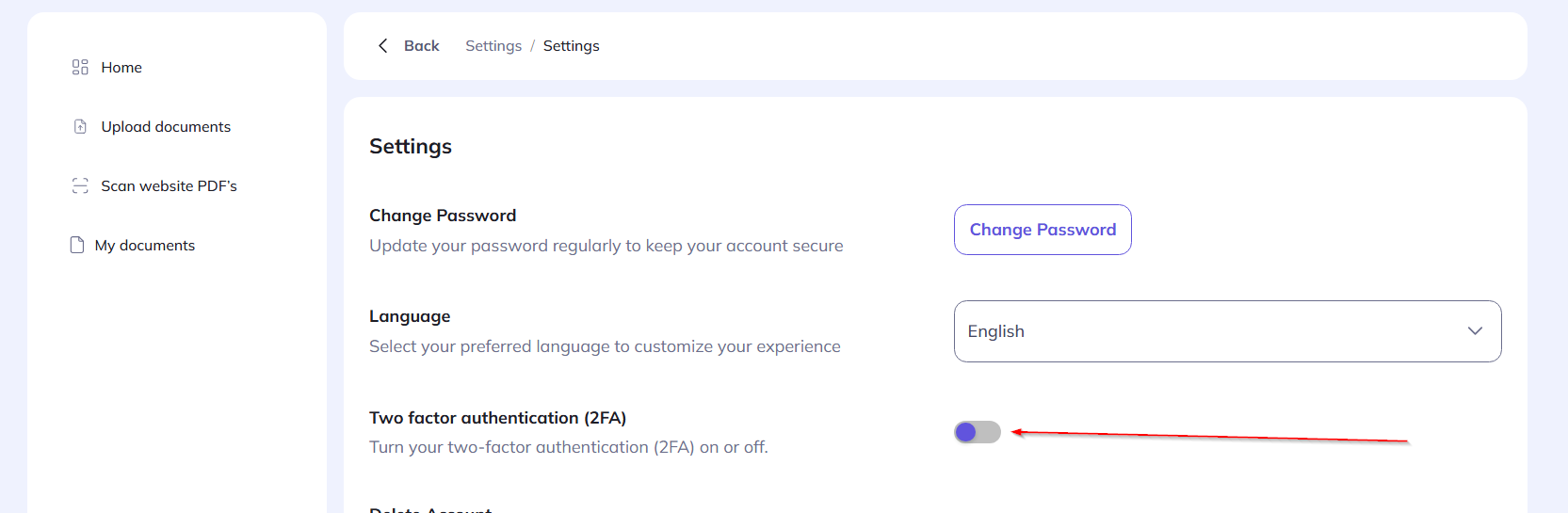two factor authentication toggle button